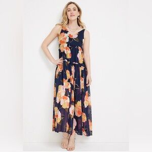 Maurices Navy Floral Tiered Maxi Dress Womens Sleeveless V-Neck Lightweight Boho